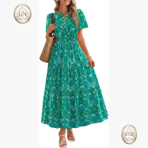 Dresses & Skirts - Viscose Maxi Dress with V-Neck Short Sleeves and Pockets